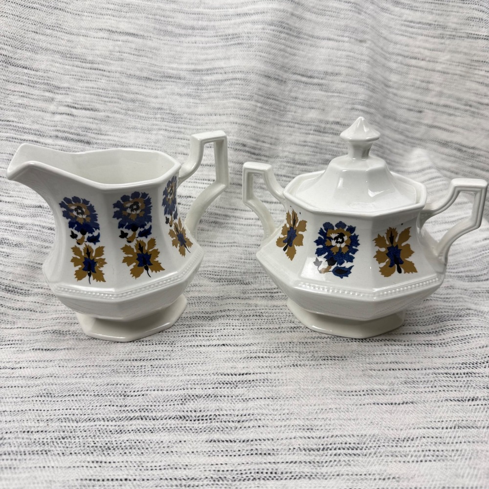 Johnson Brothers Jacobean Cream & Sugar‎ Set White Ironstone Floral Boho Cottage